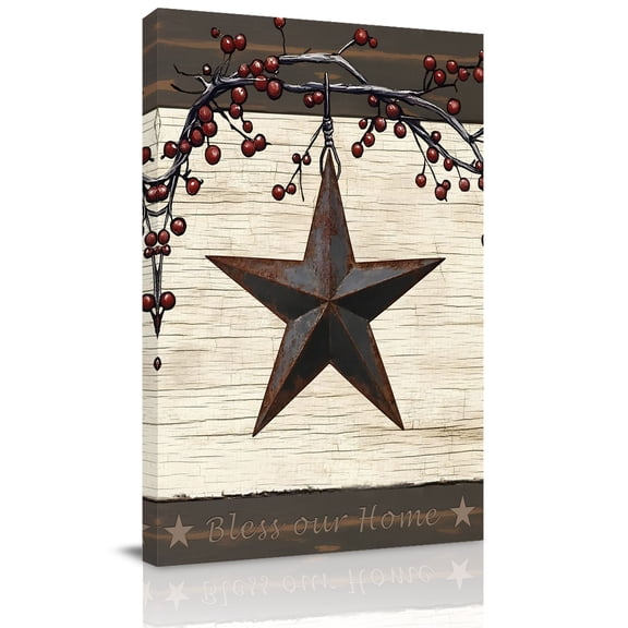 Country Stars Canvas Wall Art for Living Room, Vintage Rust Black Star Beige Wood Stripes Wall Decor Framed Artwork Pictures Ready to Hang for Bedroom Office Home Decor