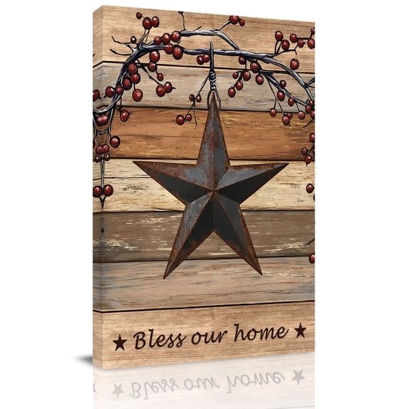 Country Stars Canvas Wall Art for Living Room, Vintage Rust Black Star Berry Brown Grey Wood Grain Wall Decor Framed Artwork Pictures Ready to Hang for Bedroom Office Home Decor