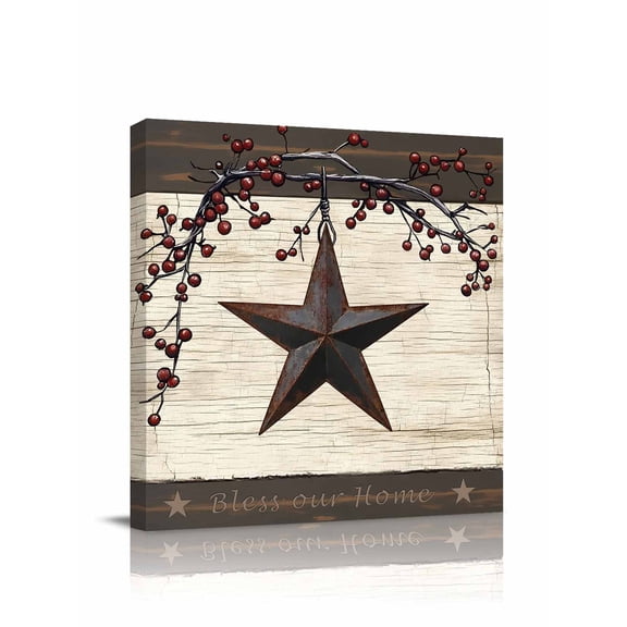 Country Stars Canvas Wall Art, Vintage Rust Black Star Beige Wood Stripes Framed Wall Decor Modern Artwork Prints Painting for Living Room, Bedroom, Kitchen & Cafe Decor 8x8 Inch