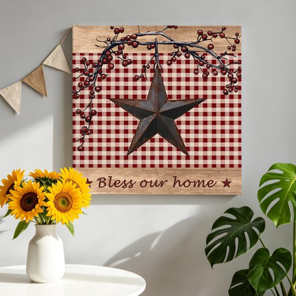 Country Stars Canvas Wall Art, Vintage Rust Black Star Red Plaid Brown Wood Grain Framed Canvas Wall Decor Picture Print Artwork Decorations for Living Room Office Ready to Hang 8" x 8"