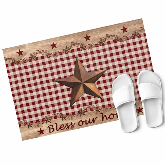 Country Stars Door Mat Bless Our Home Berries Red Plaid Farm Wood Grain Non Slip Absorbent Entrance Mat Washable Low Profile Indoor Doormat for Front Door Entryway Entry 18"x30"