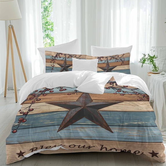 Country Stars Duvet Cover Set Queen Size, Vintage Rust Black Star Berry ...