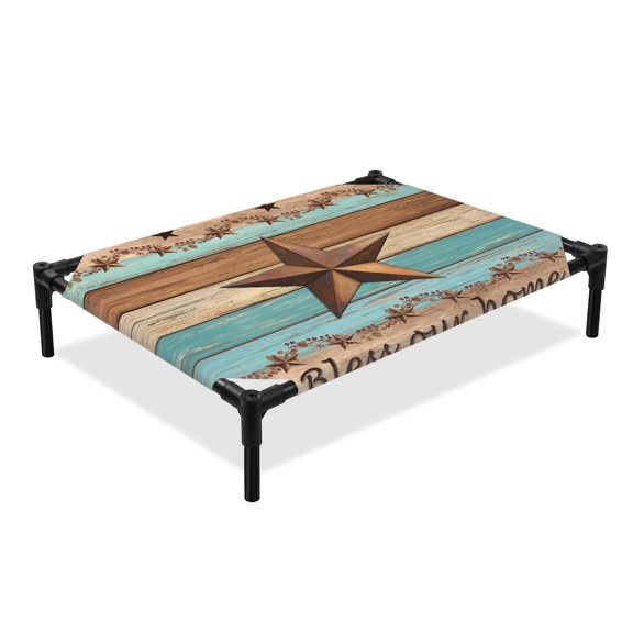 Country Stars Elevated Dog Bed, Blue Brown Wood Grain Bless Our Home Farmhouses Cooling Breathable Outdoor Raised Dog Cot Bed with Metal Frame Non-Slip Feet for Large Dog 28x22in