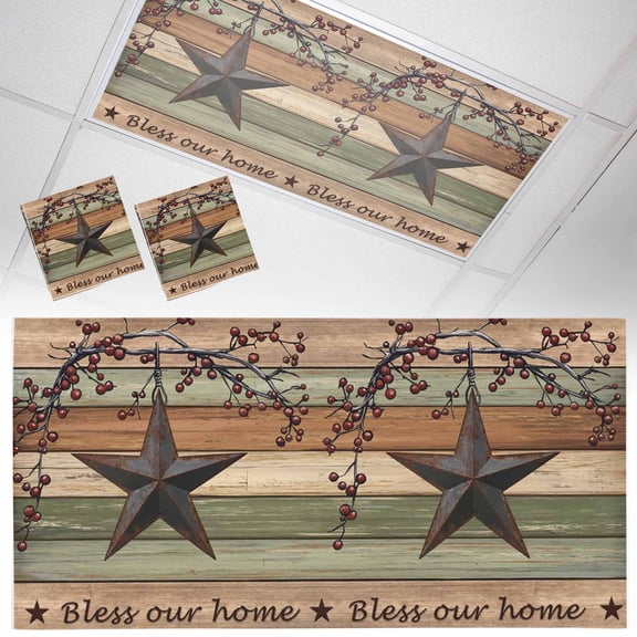 Country Stars Fluorescent Light Covers Vintage Rust Black Star Berry Brown Green Wood Grain Magnetic Light Filters Ceiling Lighting Panel Shade for Classroom Office Home 2 x 4 ft, 2 Pack
