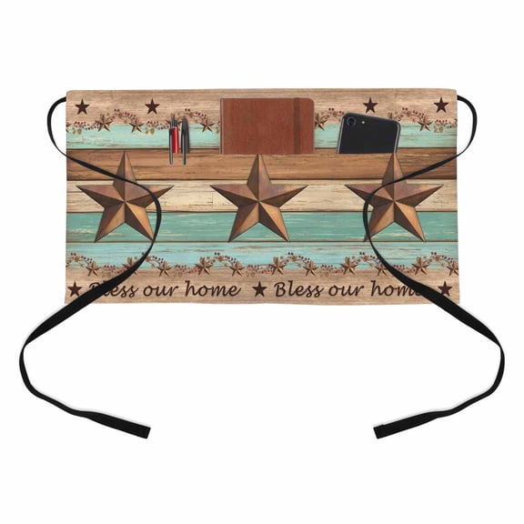 Country Stars Half Waist Apron Vintage Green Wood Grain Bless Our Home Farmhouses Short Waiter Aprons with 3 Pockets for Women Men Kitchen Restaurant Cooking