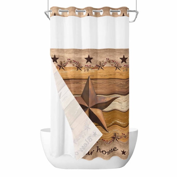 Country Stars No Hook Shower Curtain with Snap in Liner Vintage Brown Wood Grain Bless Our Home Farmhouses Waterproof Bathroom Shower Curtain with See Through Top Window for Bathtub 36" x 72"