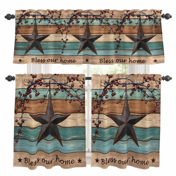 Country Stars Kitchen Curtains Valances and Tiers Set of 3 Vintage Rust Black Star Berry Brown Bright Green Wood Grain Tier Curtains and Valance with Rod Pocket for Small Windows, 27.5"x24"