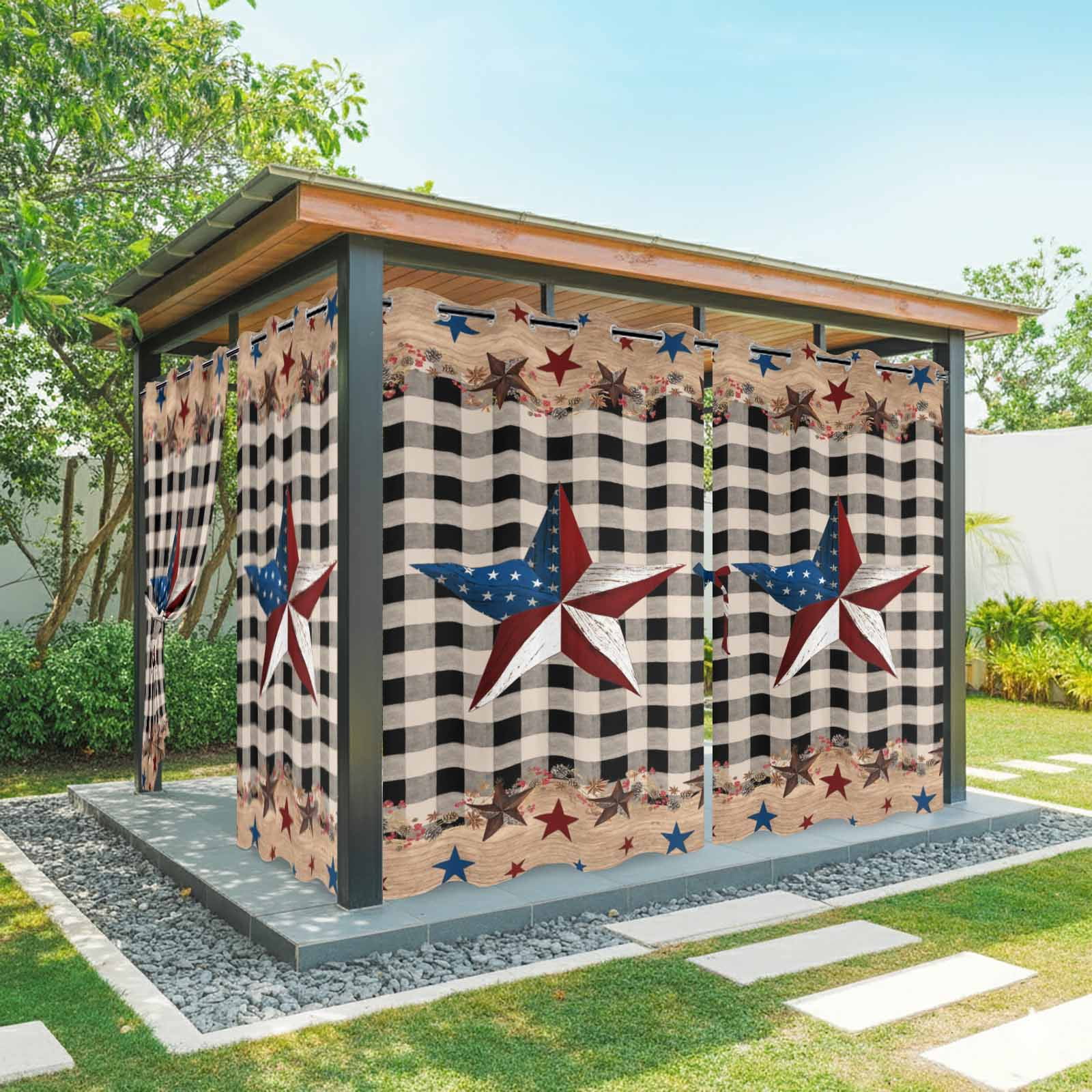 Country Stars Outdoor Curtains for Patio, Vintage Black Plaid U.S. Flag Farms Wood Board Sunshade Privacy Drapes Grommet Waterproof Outside Curtains for Porch/Cabana/Balcony 54"x 108", 1 Panel