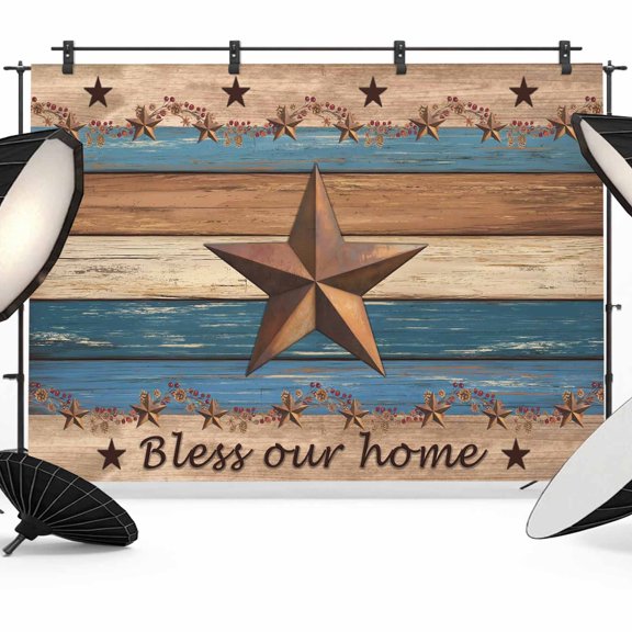Country Stars Photography Backdrop 7x5FT, Navy Blue Wood Grain Bless Our Home Farmhouses Photo Backdrops, Background for Photography Studio Photo Studio Background, Back Drop for Photoshoot