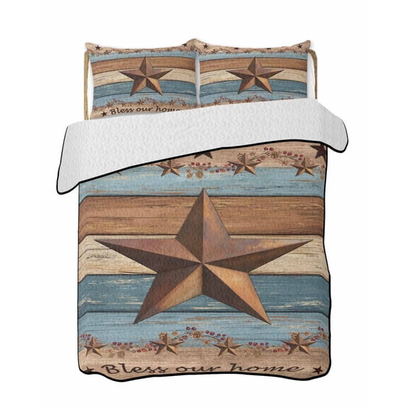 Country Stars Quilts Bedding Set Full Size Vintage Blue Wood Grains ...