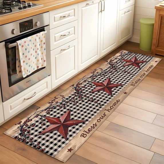 Country Stars Runner Rugs 2x6 ft Vintage Dark Red Star Black Plaid Brown Wood Grain Washable Hallway Rugs Non-Slip Floor Mats Absorbent Bedside Runners for Bedroom Kitchen Bathroom Laundry Room