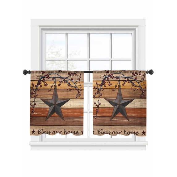 Country Stars Sheer Curtains 2 Panels Set Vintage Rust Black Star Berry Brown Orange Wood Grain Sheer Window Curtains Light Filtering Rod Pocket Voile Drapes for Bedroom Living Room 52"x54"