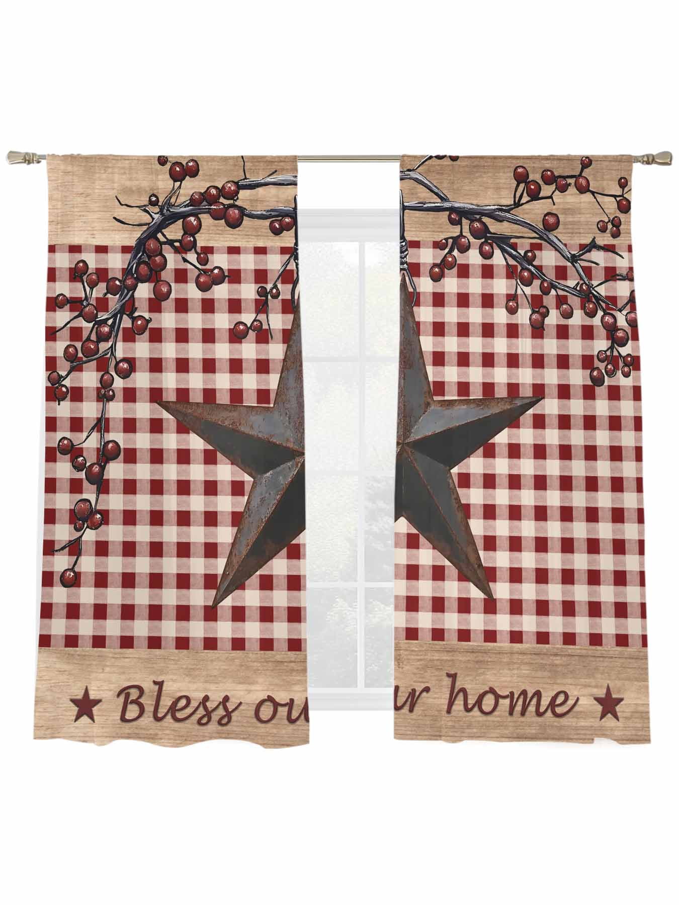 Country Stars Sheer Curtains 2 Panels Set Vintage Rust Black Star Red ...