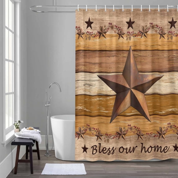 Country Stars Shower Curtain for Bathroom Decor, Vintage Brown Wood Grain Bless Our Home Farmhouses Waterproof Fabric Shower Curtain, 48"x72" Set with 12 Hooks