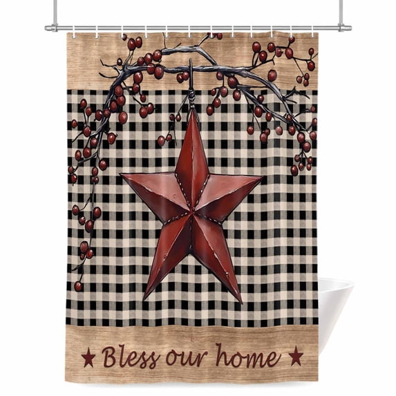 Country Stars Shower Curtain, Vintage Dark Red Star Black Plaid Brown Wood Grain Waterproof Shower Curtain Set with 12 Hooks Lightweight Bath Curtains Fabric Bathroom Decor 72x72 Inches