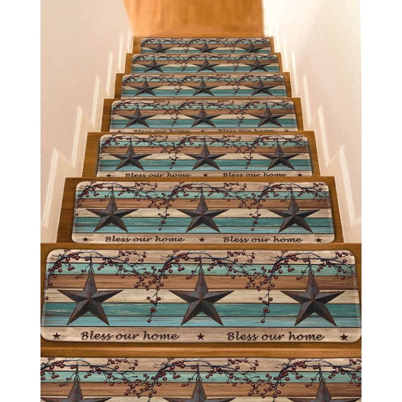 Country Stars Stair Treads Vintage Rust Black Star Berry Brown Bright Green Wood Grain Indoor Non Slip Peel and Stick Stair Treads for Wooden Steps 7 PCS, Soft Adhesive Staircase Mats 8"x30"