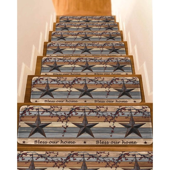 Country Stars Stair Treads Vintage Rust Black Star Berry Brown Light Blue Wood Grain Indoor Non Slip Peel and Stick Stair Treads for Wooden Steps 15 PCS, Soft Adhesive Staircase Mats 8"x30"