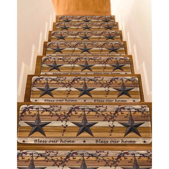Country Stars Stair Treads Vintage Rust Black Star Berry Brown Yellow Wood Grain Indoor Non Slip Peel and Stick Stair Treads for Wooden Steps 15 PCS, Soft Adhesive Staircase Mats Runner Rugs 8"x30"