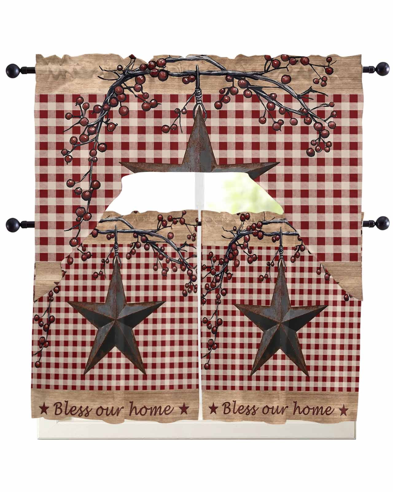 Country Stars Swag Valance for Window, 3 Piece Vintage Rust Black Star ...