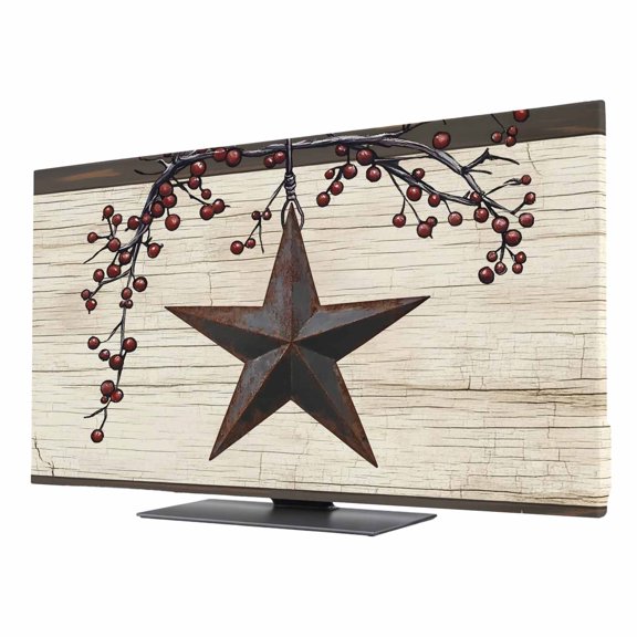 Country Stars TV Dust Cover 24 Inch, Vintage Rust Black Star Beige Wood Stripes Computer Monitor Cover Dustproof Stretchable Indoor TV Screen Protector for LED LCD Universal Monitors