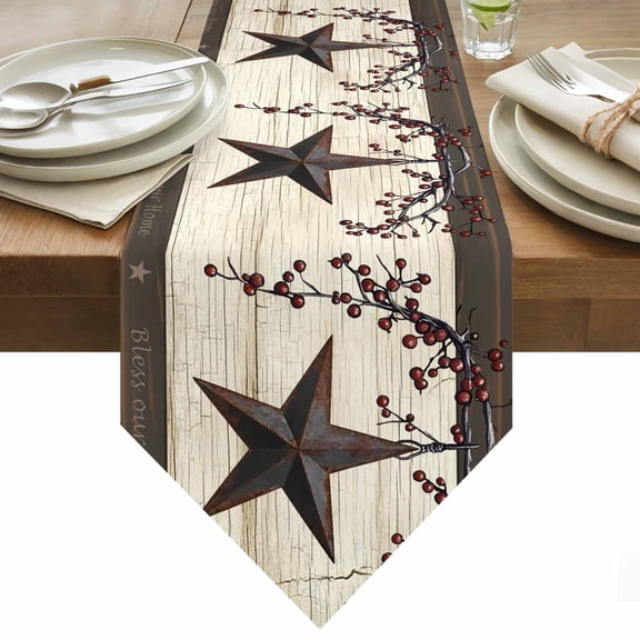 Country Stars Table Runner 36 Inches Long Vintage Rust Black Star Beige Wood Stripes Table Runners for Dining Room Tabletop Dresser Scarf Home Party Banquet Wedding Holiday Decoration