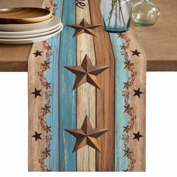 Country Stars Table Runner, Blue Wood Grain Bless Our Home Farmhouses Cotton Linen Kitchen Table Decoration Washable Dining Tabletop Runners for Home Party Decor 13x48 Inches