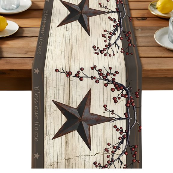 Country Stars Table Runner, Vintage Rust Black Star Beige Wood Stripes Cotton Linen Table Cloth, Tablerunner for Kitchen Dining Party Wedding Home Decor 13x108 Inch