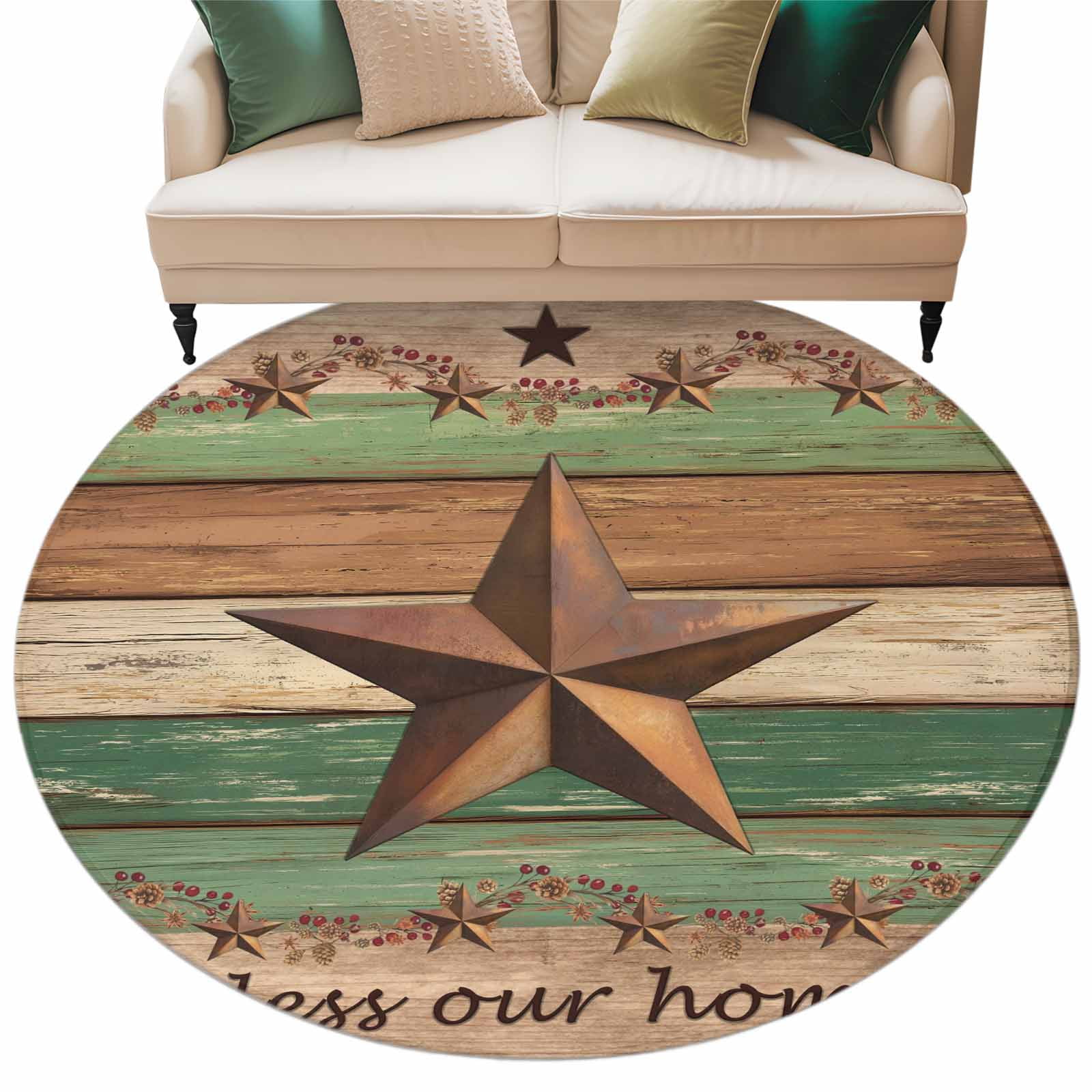 Country Stars Washable Round Area Rug 5 ft, Vintage Wood Grains Bless ...