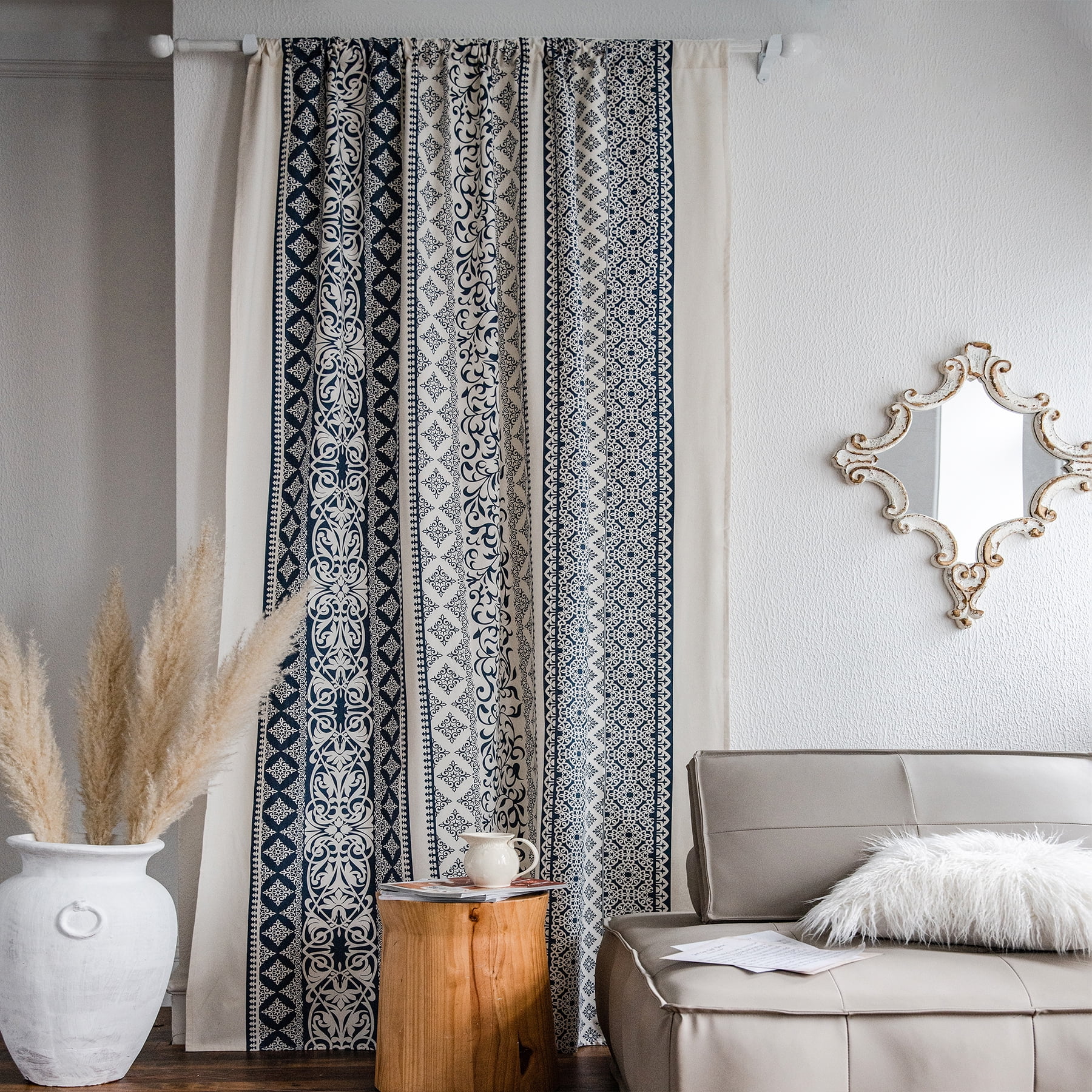 VOGOL Country Strip Printed Curtains, Rod Pocket Solid Window Treatments Drapes for Bedroom Office Decor, 1 Panel, Navy Blue and Beige, 59 x 79 Inches