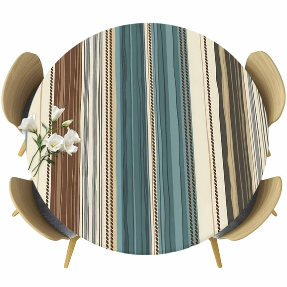 Country Stripes Ethnic Style Fitted Round Tablecloths Table Covers 55"-60",Waterproof Table Cloth for Kitchen Holiday Party Tables Decor