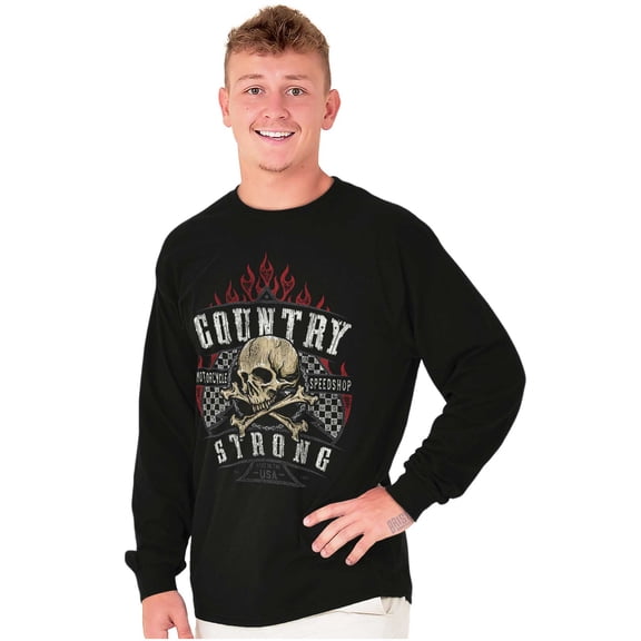 Country Strong Motorcycle Biker Skull Long Sleeve TShirt Men Women Brisco Brands M