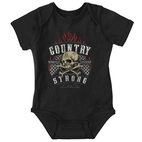 Country Strong Motorcycle Biker Skull Romper Boys or Girls Infant Baby Brisco Brands NB