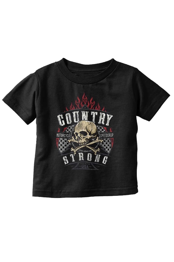 Country Strong Motorcycle Biker Skull Toddler Boy Girl T Shirt Infant Toddler Brisco Brands 6M