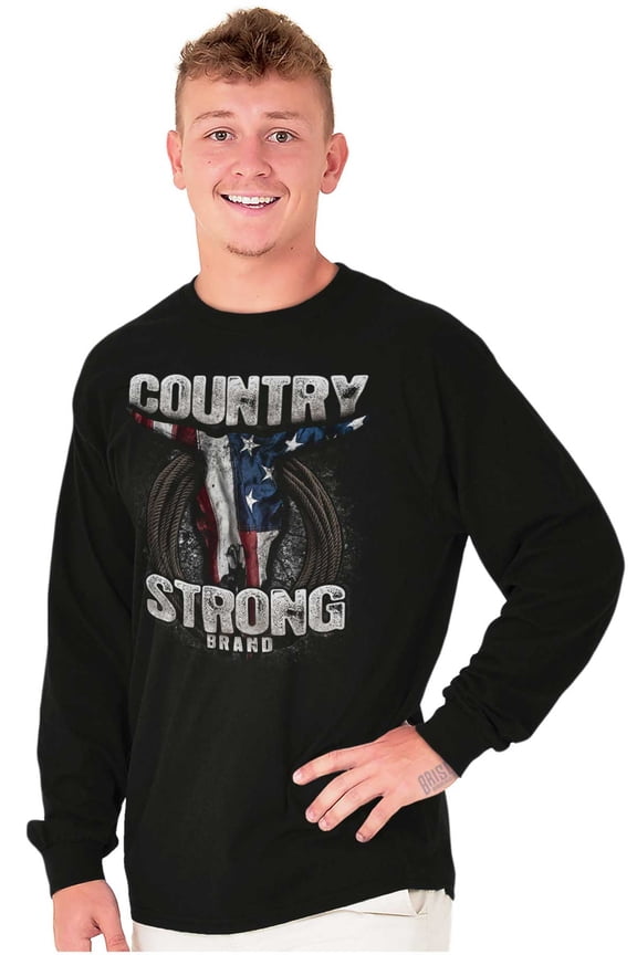 Country Strong USA Flag Bull Skull Long Sleeve TShirt Men Women Brisco Brands S