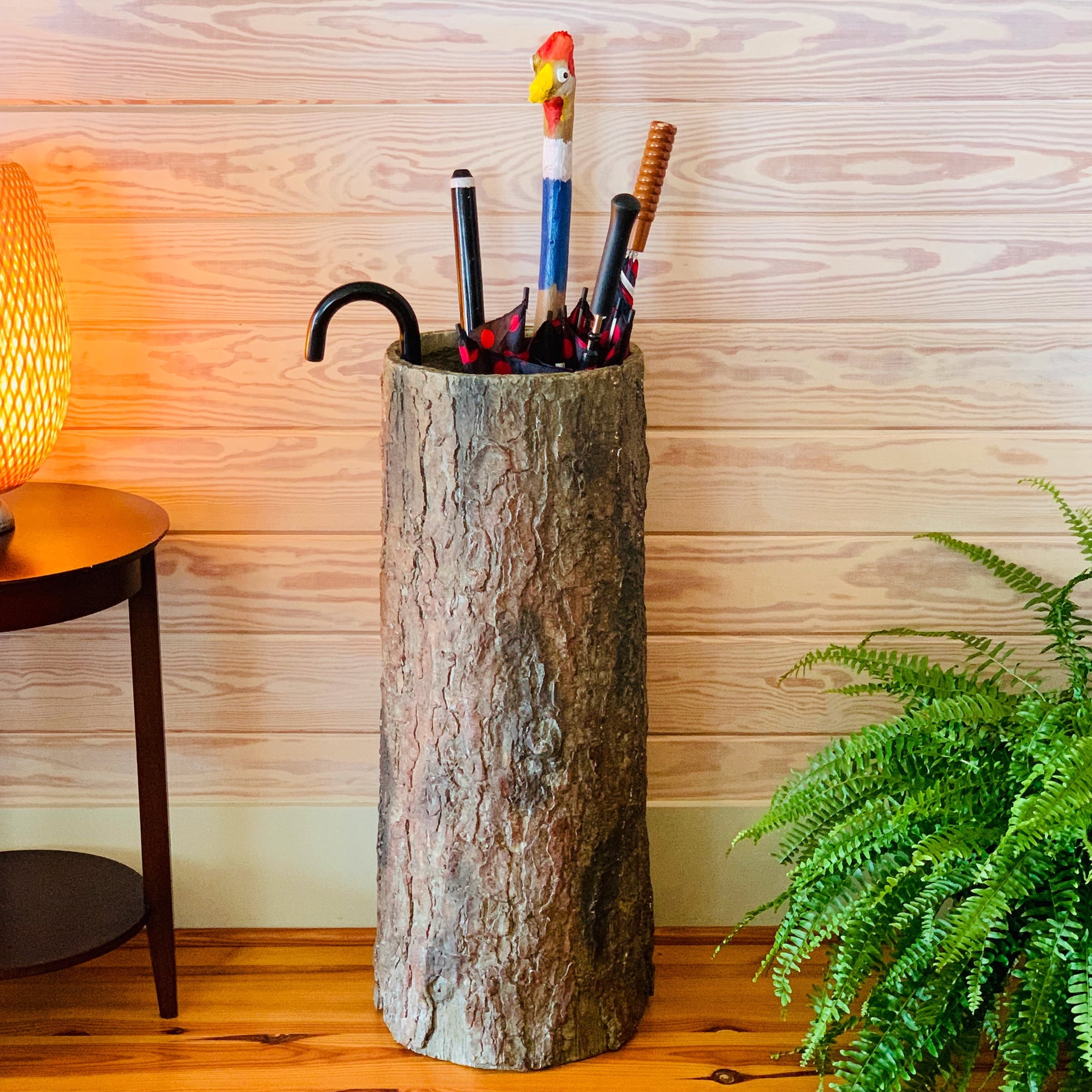 Country Stump Vintage Farmhouse Umbrella Stand. Unique Indoor / Outdoor Walking Stick & Umbrella Holder. Rustic Home Entryway Log Bin.