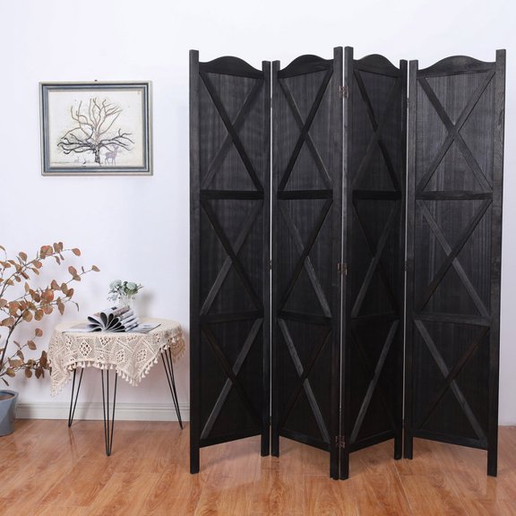 Country Style 4 Panel Arc Top Room Divider Wood Frame Classic X-Shaped Panel Room Divider, Black