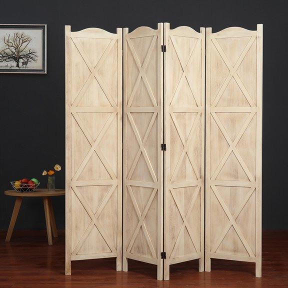 Country Style 4 Panel Arc Top Room Divider Wood Frame Classic X-Shaped Panel Room Divider, Natural