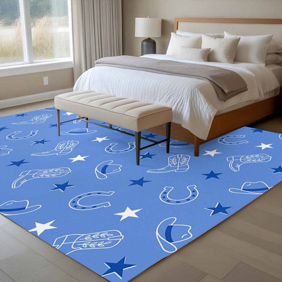 Country Style 6x9 Rug for Dining Room Table and Chair Setup, Western Horseshoe Boots Cowboy Hat Stars Blue Low Pile Washable Non Slip Rectangle Area Rug
