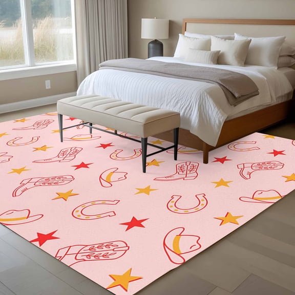 Country Style 6x9 Rug for Dining Room Table and Chair Setup, Western Horseshoe Boots Cowboy Hat Stars Pink Low Pile Washable Non Slip Rectangle Area Rug