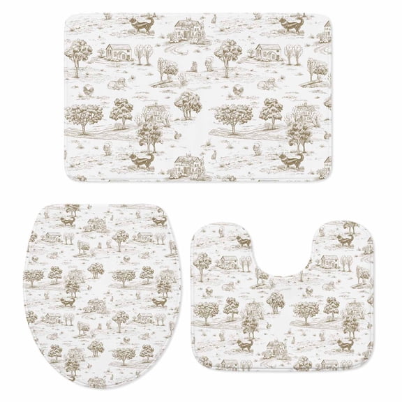 Country Style Bathroom Rugs Set Vintage Cottages Animals Tree Retro Illustration Non Slip Absorbent Soft Bath Mats 3 Piece Set with Bathroom Rug, U-Shaped Floor Mat, Toilet Seat Cover Large Size