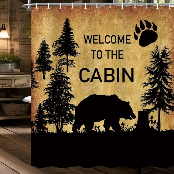 Country Style Bear Shower Curtain, Wild Animal Forest Decor Rustic Cabin Shower Curtains Bathroom Waterproof Cloth, 72X72in