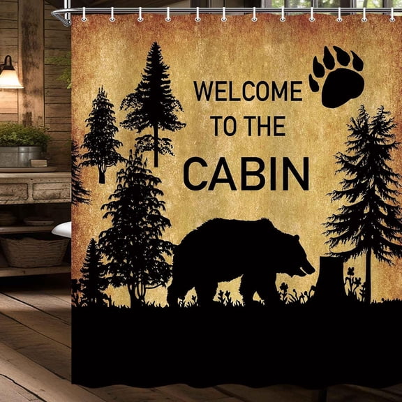 Country Style Bear Shower Curtain, Wild Animal Forest Decor Rustic Cabin Shower Curtains Bathroom Waterproof Cloth 72x72 Inch, Hooks Included