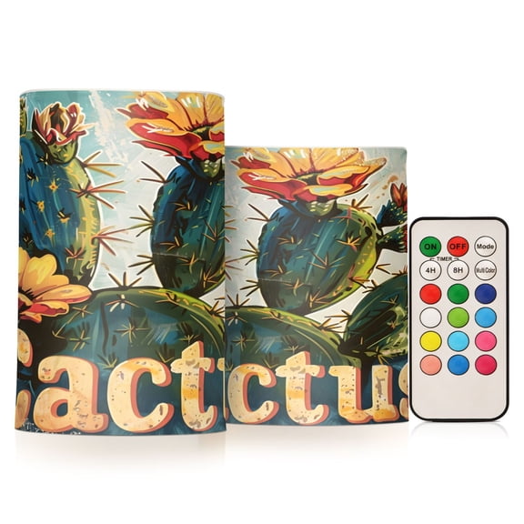 Country Style Cactus Flickering Flameless LED Candles set of 2 Battery Operated 18-Key Remotes Timer Halloween Fall Decor D3''xH4''5''