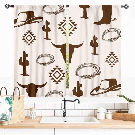 Country Style Curtains, Brown Sunflower Cow Print on Blue Wood Board Cowhide Pattern Blackout Short Cafe Window Treatments for Living Room, Bedroom, Kitchen, Farmhouse, 2-Piece Set, 28x40 Inches