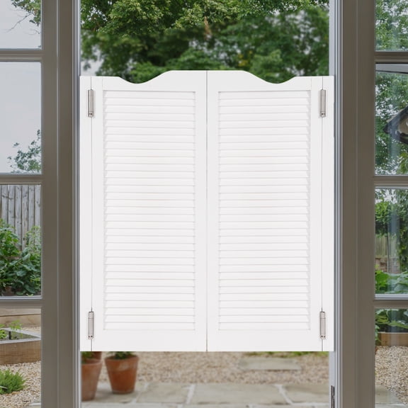 Country Style Double Door, 35.83in Wide Pine Wood Louver Design, 180 Smooth Swing, for Office, Cafe and Home Interior Spaces