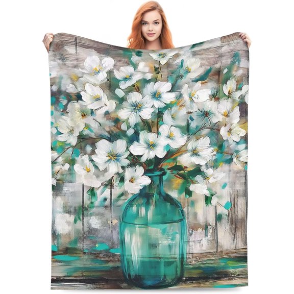 Country Style Floral Blanket Gifts for Women Girls Kids Soft Warm Lightweight Cozy Vintage White Cherry Blossoms Throw Blankets for Bed Sofa Living Room Couch Home Decor 50"x40"