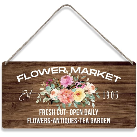 Country Style Flower Market Sign Farmhouse Wooden Signs Rustic Flower Hanging Wall Plaque Sign Home Decor Present 10x5 Inch