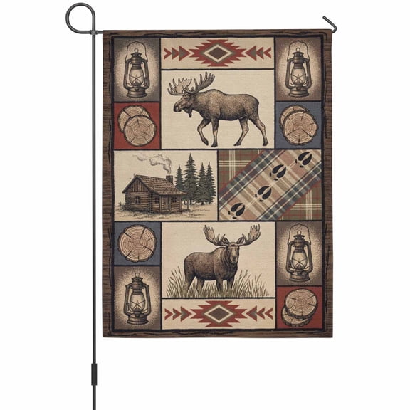 Country Style Garden Flag 12 x 18 Inches, Farm Buck Wooden House Aztec Plaid Patchwork Weather Proof Outdoor Patio Flags Double Sided Small Garden Decoration for Yard Outside Home