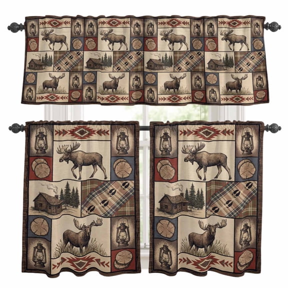 Country Style Kitchen Curtains Valances 3 Piece Set, Farm Buck Wooden House Aztec Plaid Patchwork Rod Pocket Tier Curtain and Valance Drapes for Small Window 24 Inch Length for Bedroom Cafe