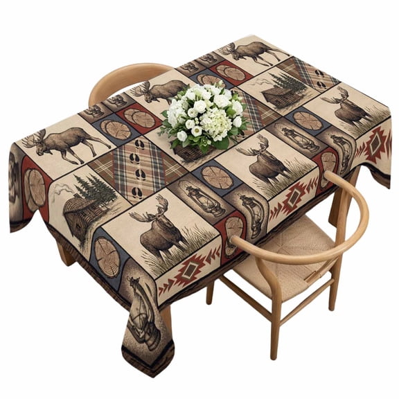 Country Style Rectangle Tablecloth Farm Buck Wooden House Aztec Plaid Patchwork Waterproof Wrinkle Free Soft Table Cloth Spill-Proof Washable Table Cover for Dining Party Picnic 60 x 120 Inch